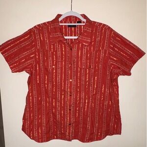 Bit & Bridle Metallic Stripe Pearl Snap Western‎ Cowgirl Shirt Red Gold